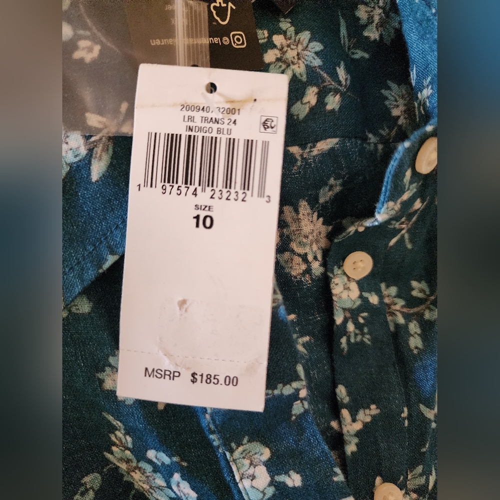 NWT $185 Ralph Lauren womens 10 Floral Linen MidI Dress Waist Bow Tie Button Up - Picture 8 of 13